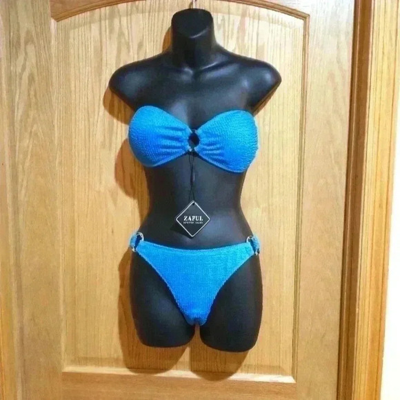 Zaful Size Small strapless bikini ribbed blue - Picture 1 of 6